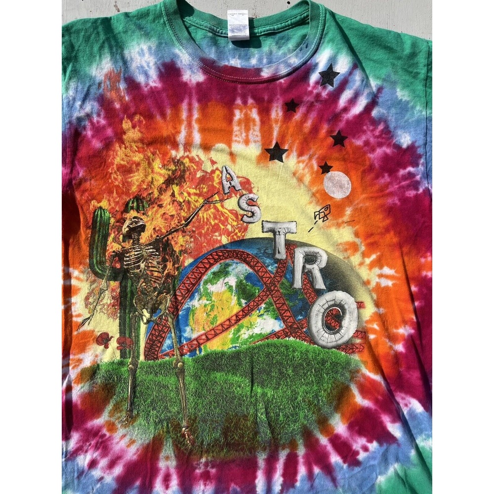 Men's Astroworld T-Shirt Multicolor Spell-Out Tie Dyed L Rap Hip Hop Festival TX